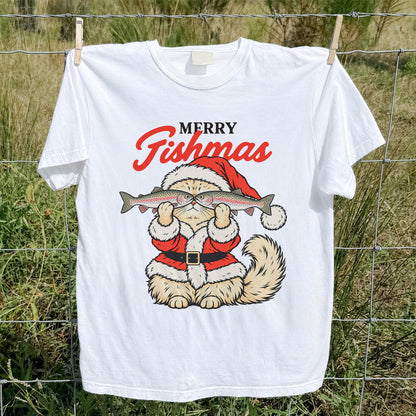 Santa Cat Holding Trout Merry Christmas Fishing T-Shirt