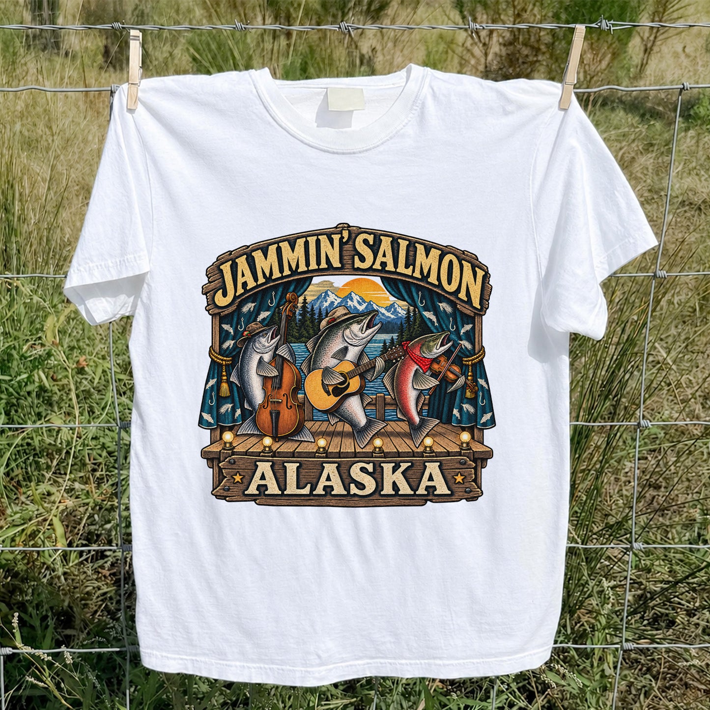 Jammin' Salmon Alaska Fish Band Graphic T-Shirt