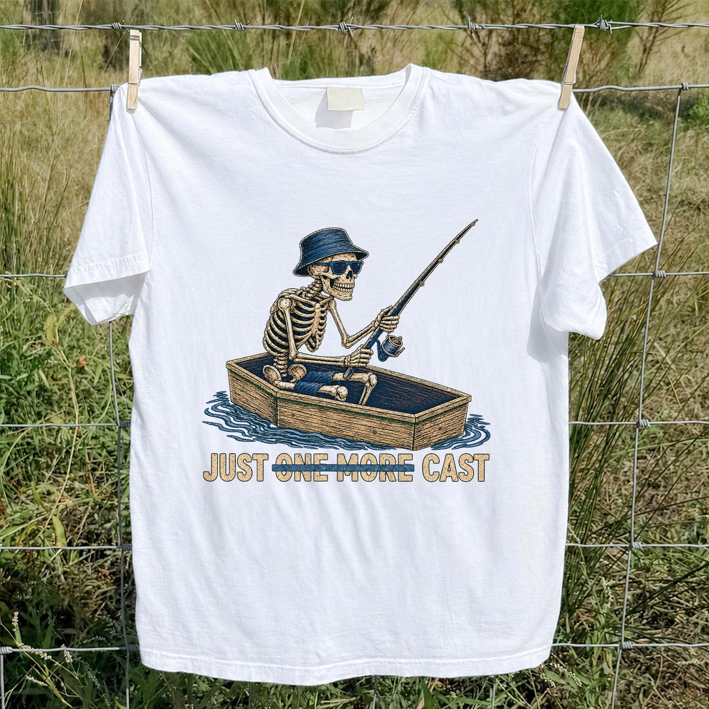 Just One More Cast Skeleton Fishing Boat Graphic T-Shirt