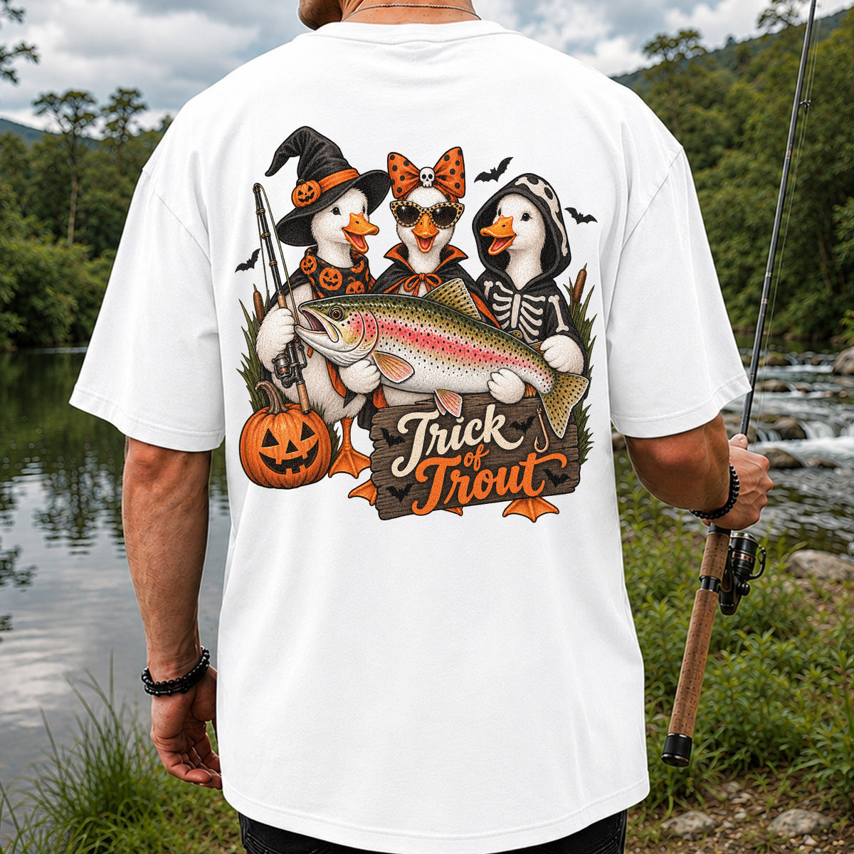 Trick of Trout Halloween Ducks with Rainbow Trout Fishing T-Shirt | Back Print