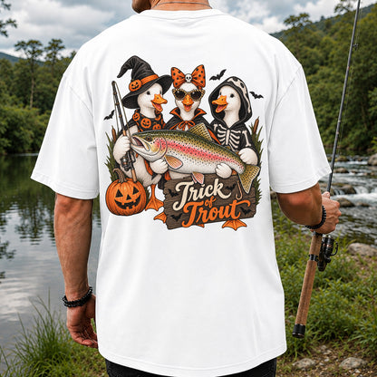 Trick of Trout Halloween Ducks with Rainbow Trout Fishing T-Shirt | Back Print
