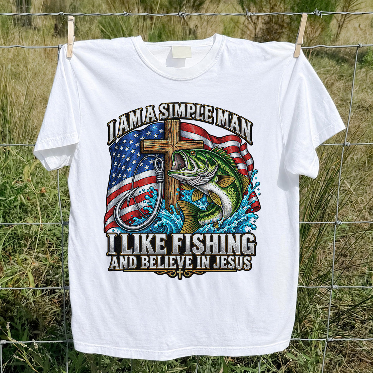 American Flag Bass Fishing Faith Patriotic Graphic T-Shirt