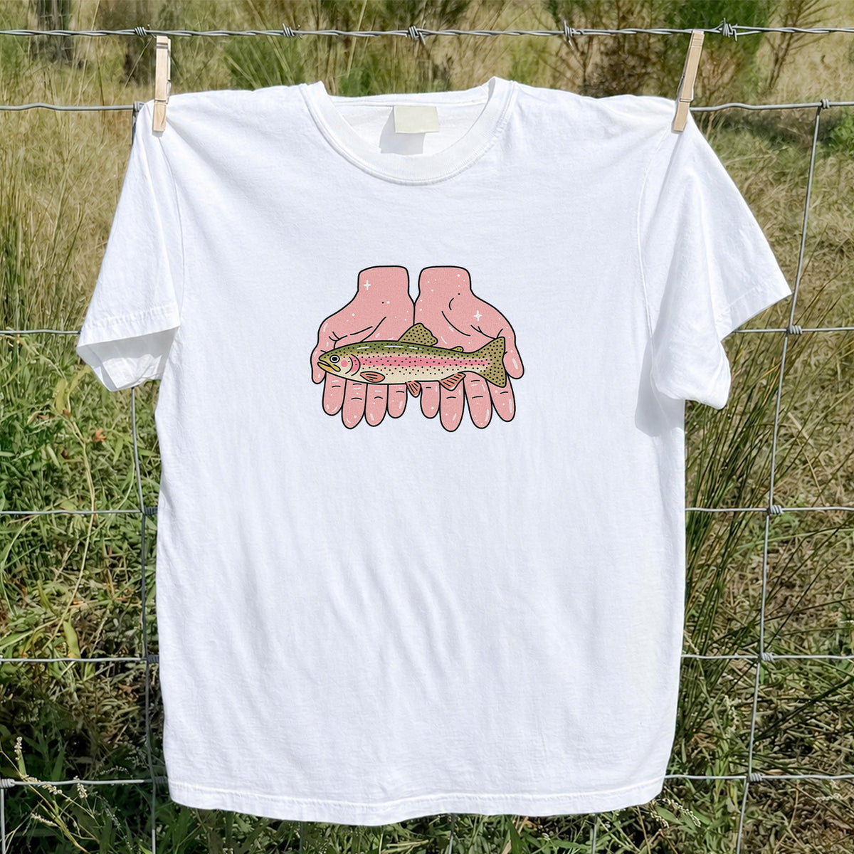 Rainbow Trout Held in Pink Hands Fishing Graphic T-Shirt