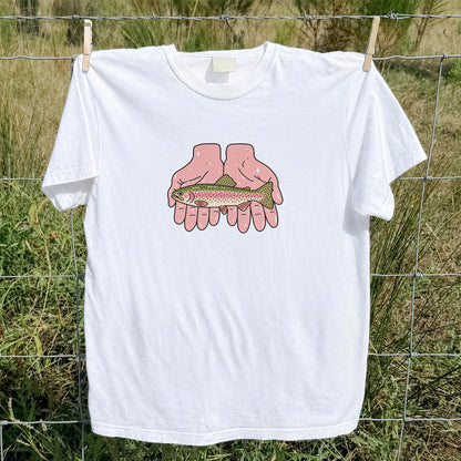 Rainbow Trout Held in Pink Hands Fishing Graphic T-Shirt