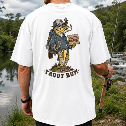 Trout Bum Will Rise for Food Funny Trout Fishing T-Shirt | Back Print