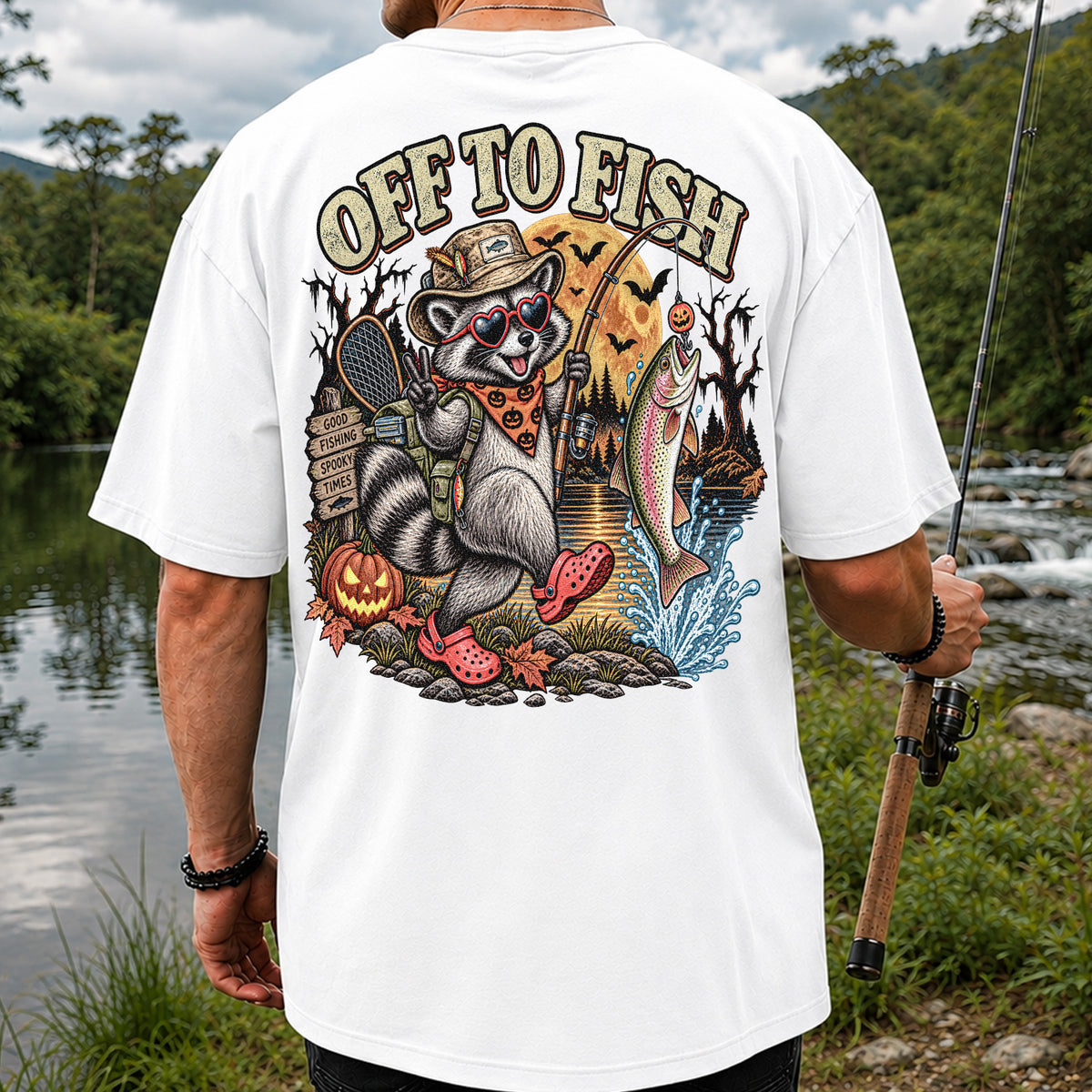 Off to Fish Raccoon and Trout Halloween T-Shirt - Good Fishing Spooky Times | Back Print