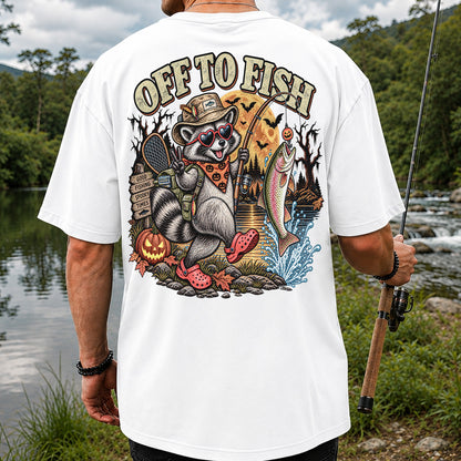Off to Fish Raccoon and Trout Halloween T-Shirt - Good Fishing Spooky Times | Back Print