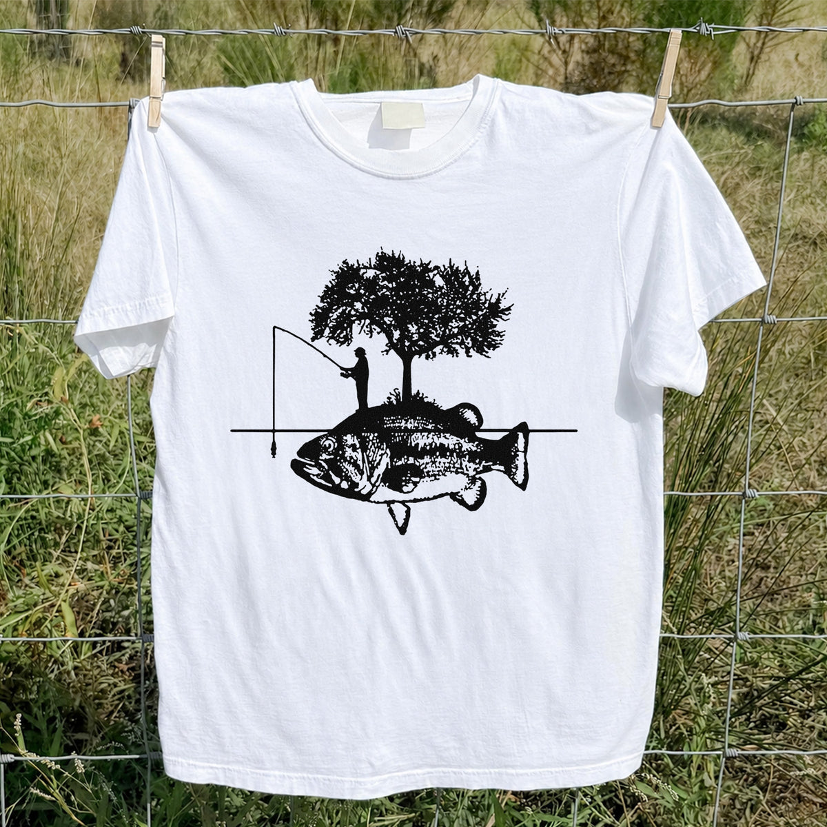 Fish and Tree Silhouette Fishing Graphic T-Shirt