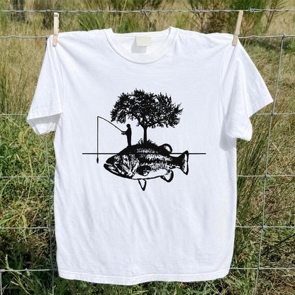 Fish and Tree Silhouette Fishing Graphic T-Shirt