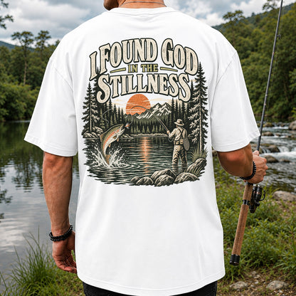 I Found God in the Stillness Trout Fly Fishing Graphic T-Shirt | Back Print