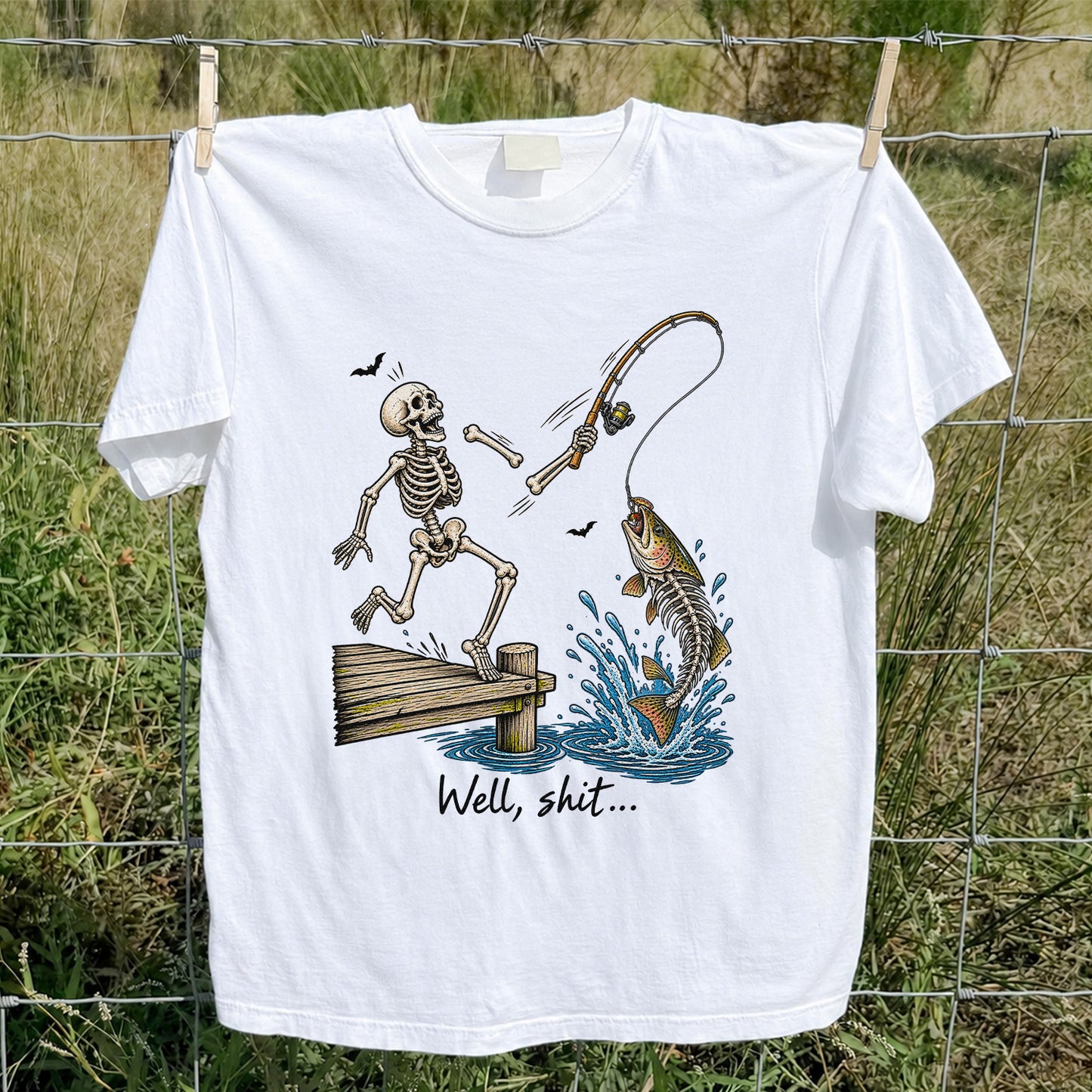 Well, Shit Skeleton Fishing Funny Graphic T-Shirt
