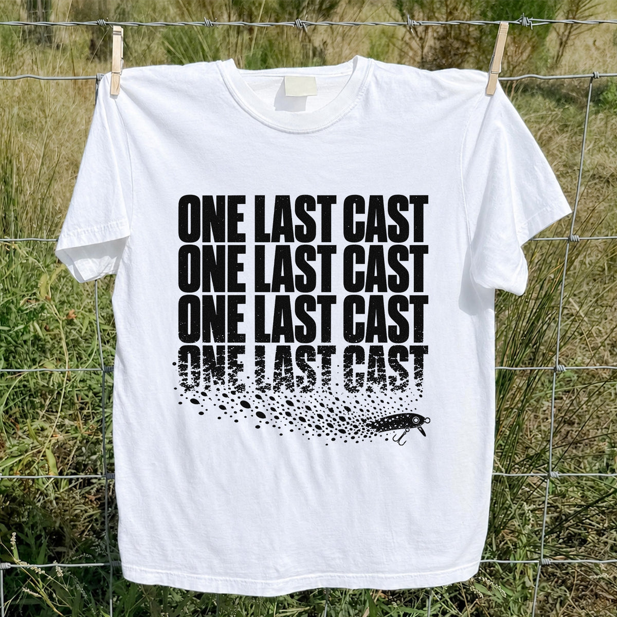 One Last Cast Repeating Fishing Lure Graphic T-Shirt