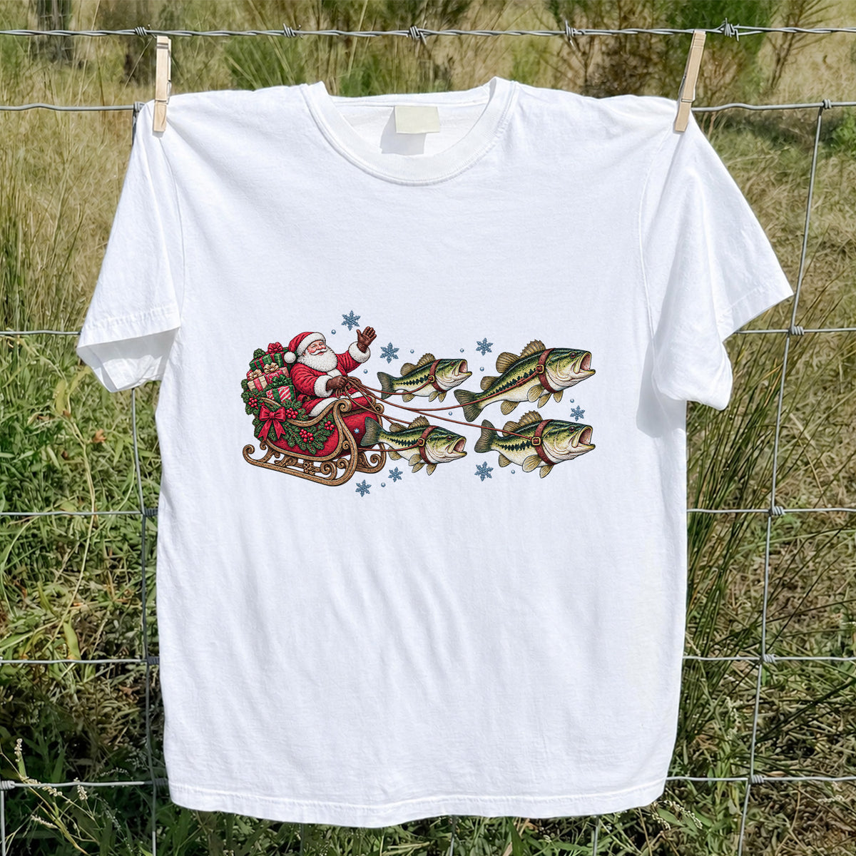 Santa in a Sleigh Pulled by Bass Christmas Fishing Graphic T-Shirt
