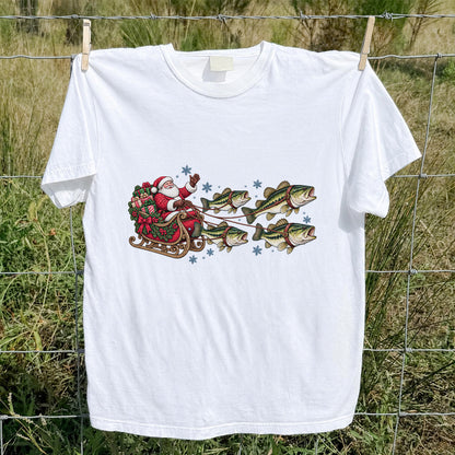 Santa in a Sleigh Pulled by Bass Christmas Fishing Graphic T-Shirt