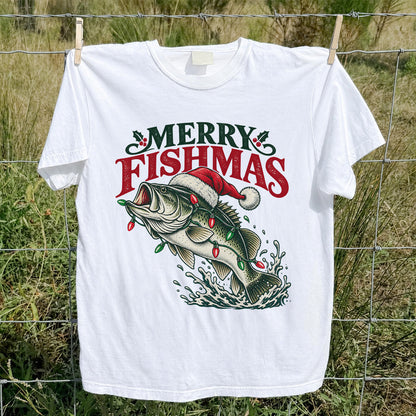 Christmas Bass Fishing Graphic T-Shirt with Santa Hat