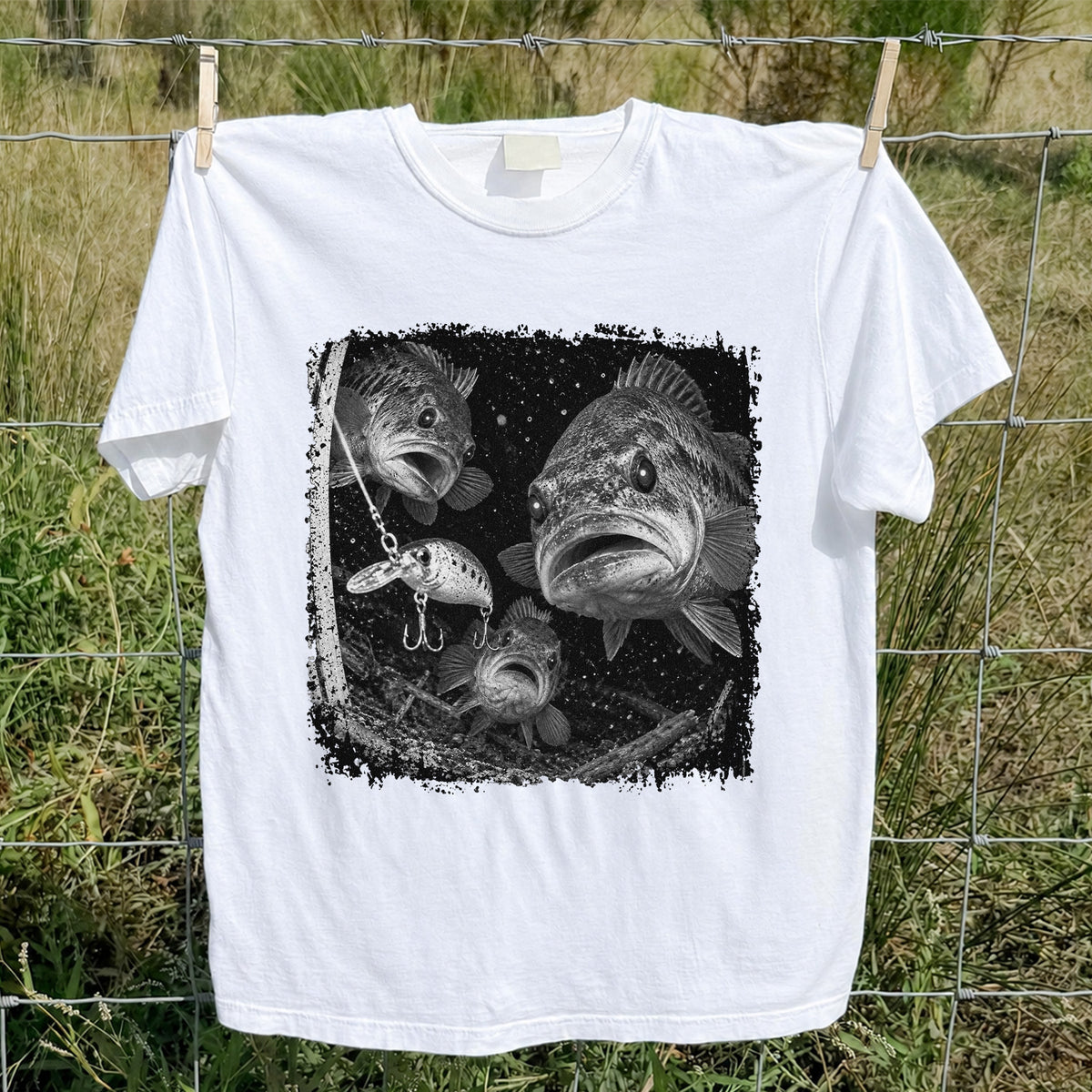 Vintage Bass Fishing Graphic T-Shirt with Underwater Fish Artwork