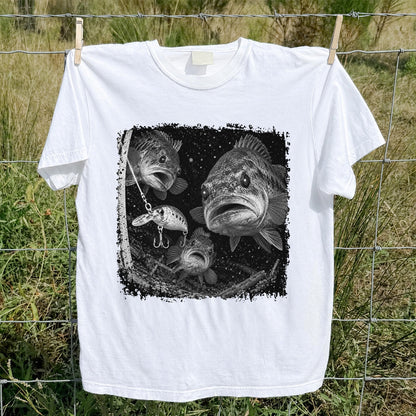 Vintage Bass Fishing Graphic T-Shirt with Underwater Fish Artwork