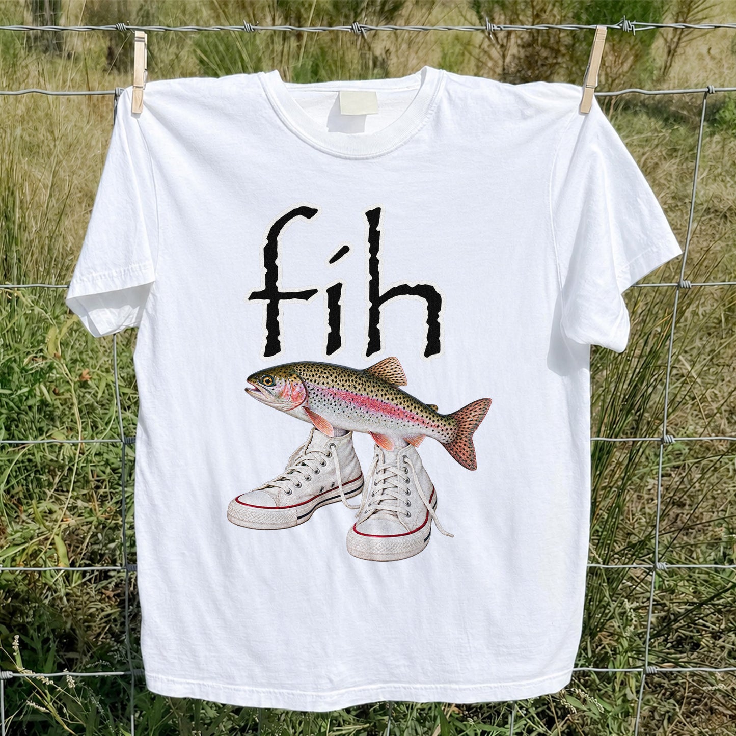 Fih Rainbow Trout Wearing Sneakers Funny Fishing Graphic T-Shirt