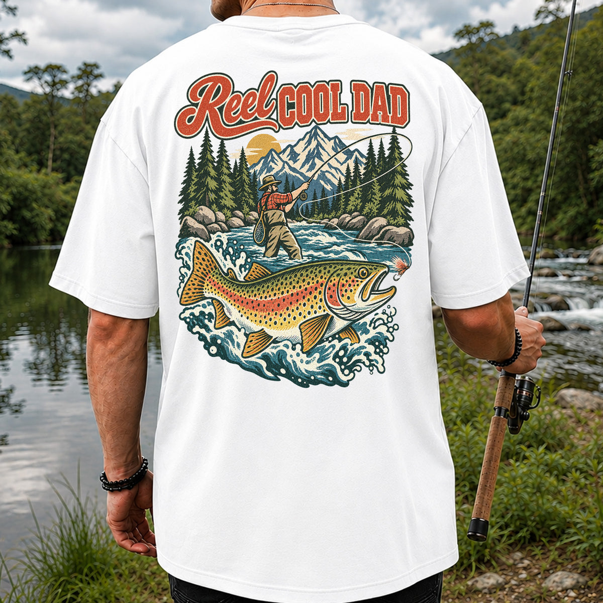 Reel Cool Dad Rainbow Trout Fly Fishing Graphic T-Shirt | Back Print