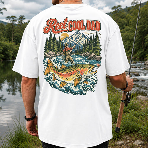 Reel Cool Dad Rainbow Trout Fly Fishing Graphic T-Shirt | Back Print