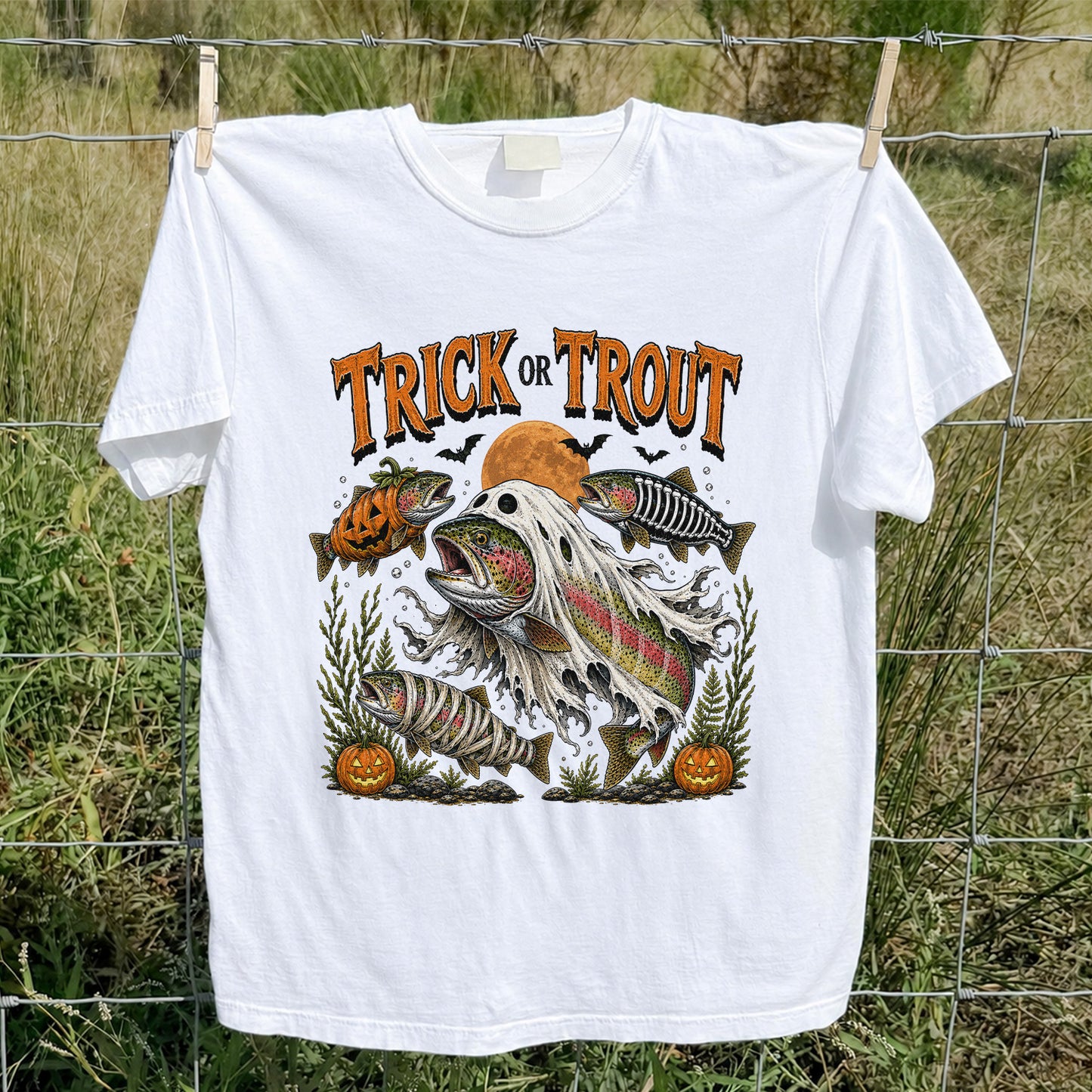 Trick or Trout Halloween T-Shirt Funny Trout Fishing Halloween Tee