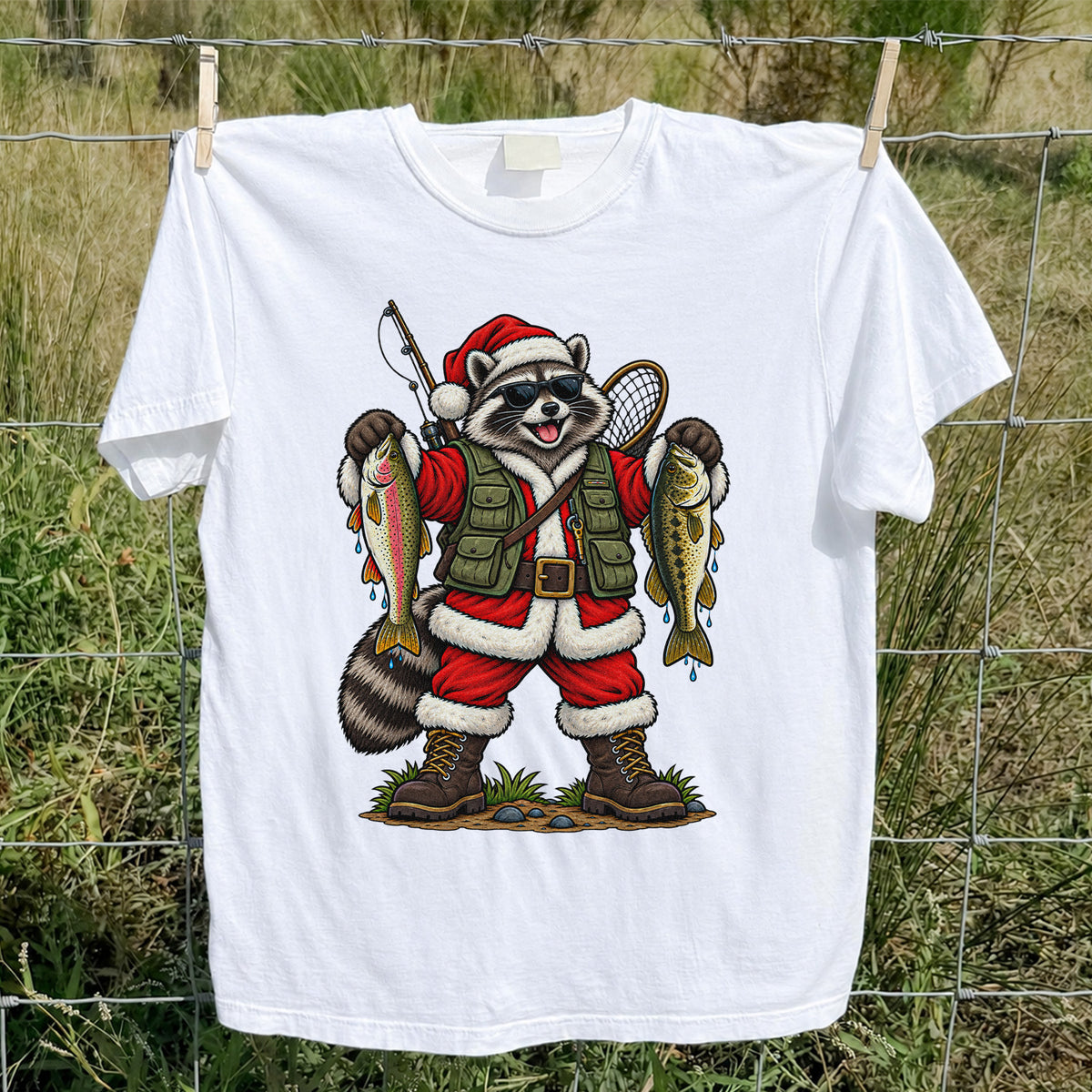 Santa Raccoon Holding Trout and Bass Christmas Fishing T-Shirt