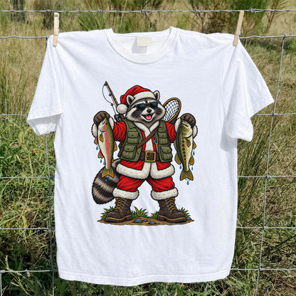 Santa Raccoon Holding Trout and Bass Christmas Fishing T-Shirt