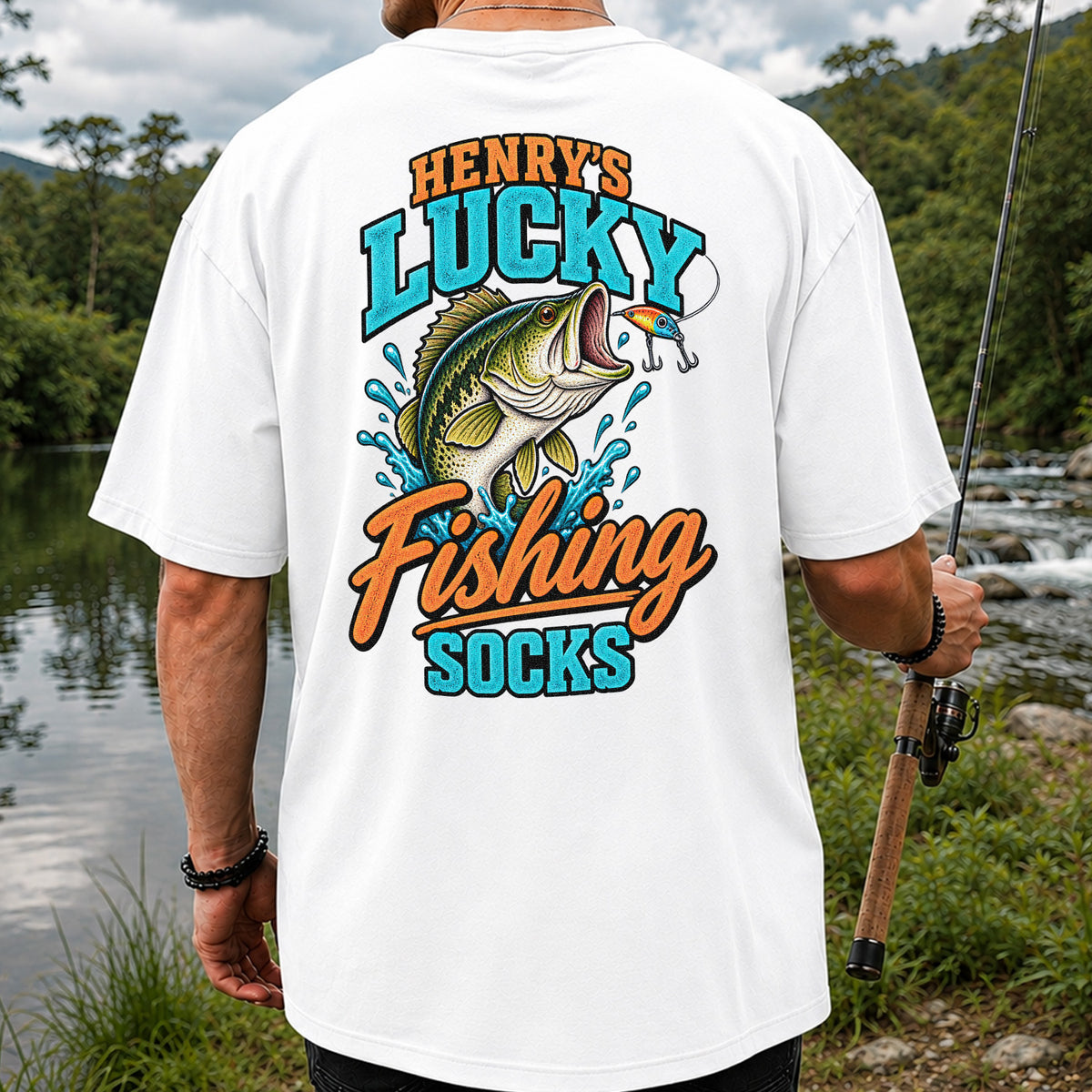 Henry's Lucky Fishing Socks Jumping Bass Graphic T-Shirt | Back Print