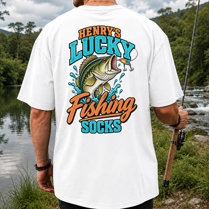Henry's Lucky Fishing Socks Jumping Bass Graphic T-Shirt | Back Print