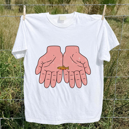 Tiny Rainbow Trout in Two Hands Cute Fishing Graphic T-Shirt