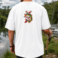 Christmas Bass with Santa Hat, Antlers and Holiday Lights Fishing T-Shirt | Back Print