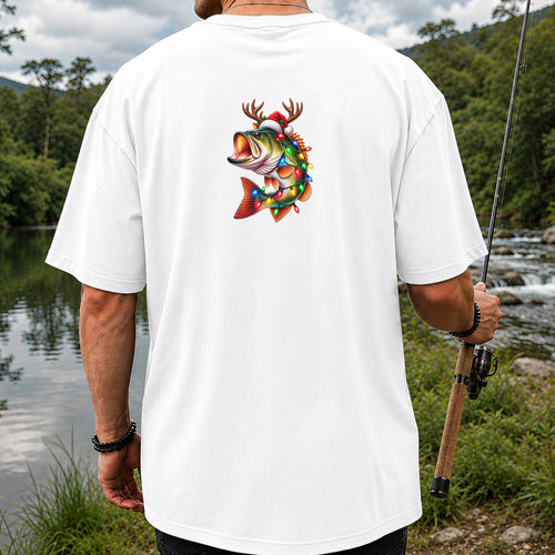 Christmas Bass with Santa Hat, Antlers and Holiday Lights Fishing T-Shirt | Back Print