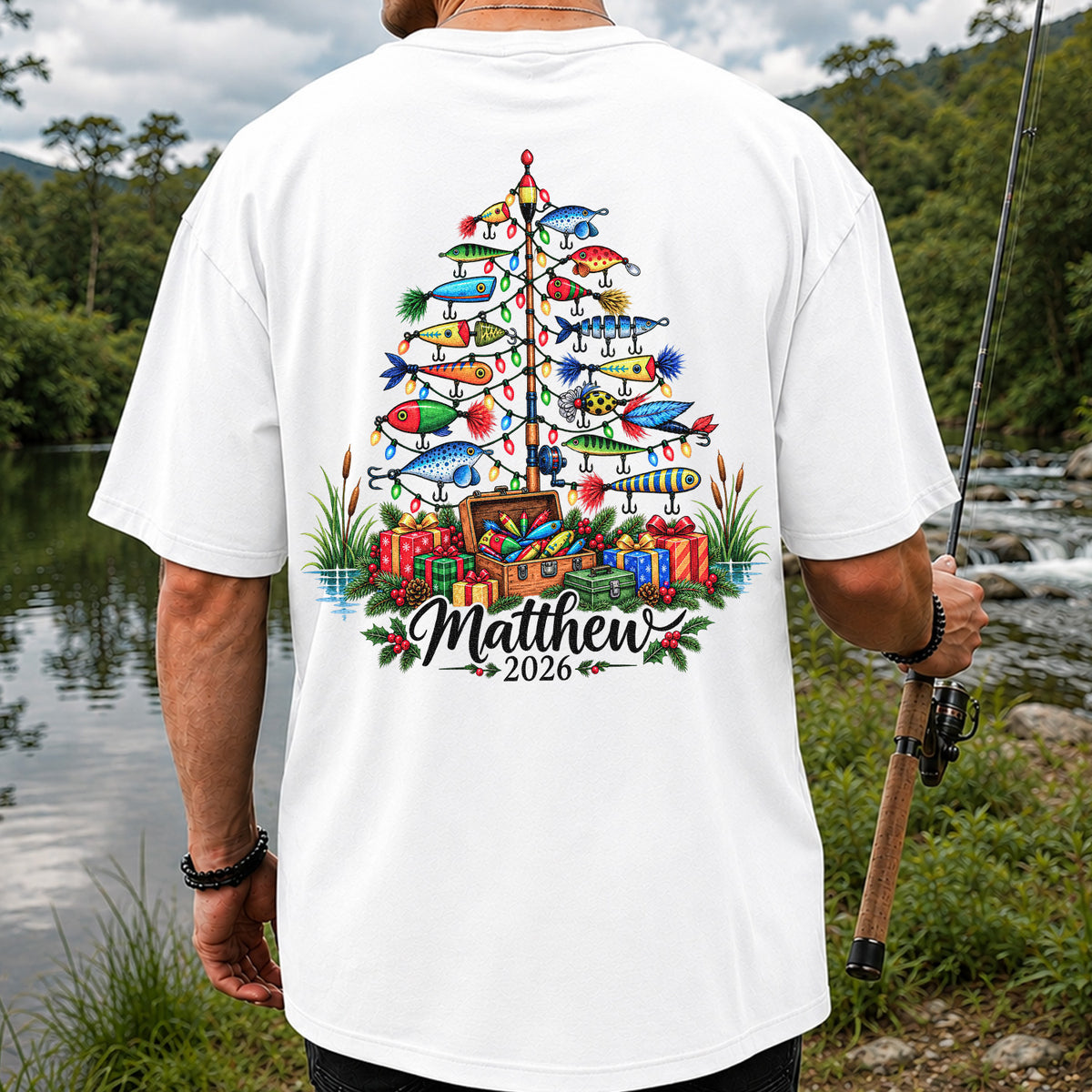 Personalized Christmas Fishing Lure Tree Name Graphic T-Shirt | Back Print
