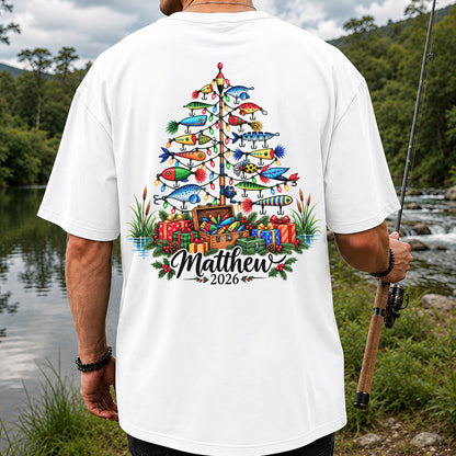 Personalized Christmas Fishing Lure Tree Name Graphic T-Shirt | Back Print