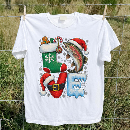 Christmas LOVE Rainbow Trout and Stocking Fishing Graphic T-Shirt