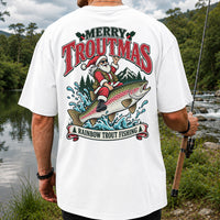 Merry Troutmas Santa Riding a Rainbow Trout Christmas Fishing T-Shirt | Back Print
