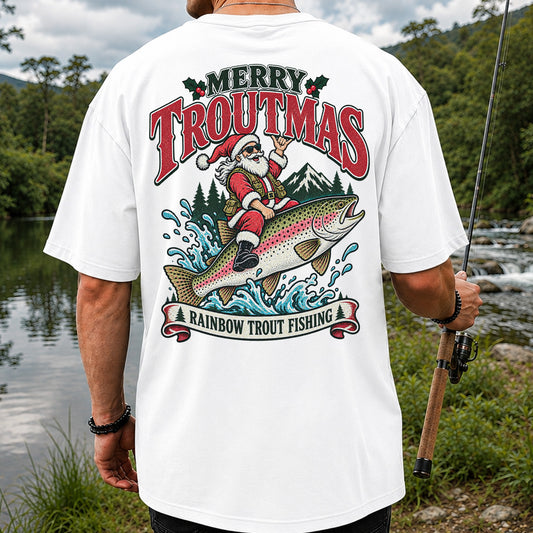 Merry Troutmas Santa Riding a Rainbow Trout Christmas Fishing T-Shirt | Back Print