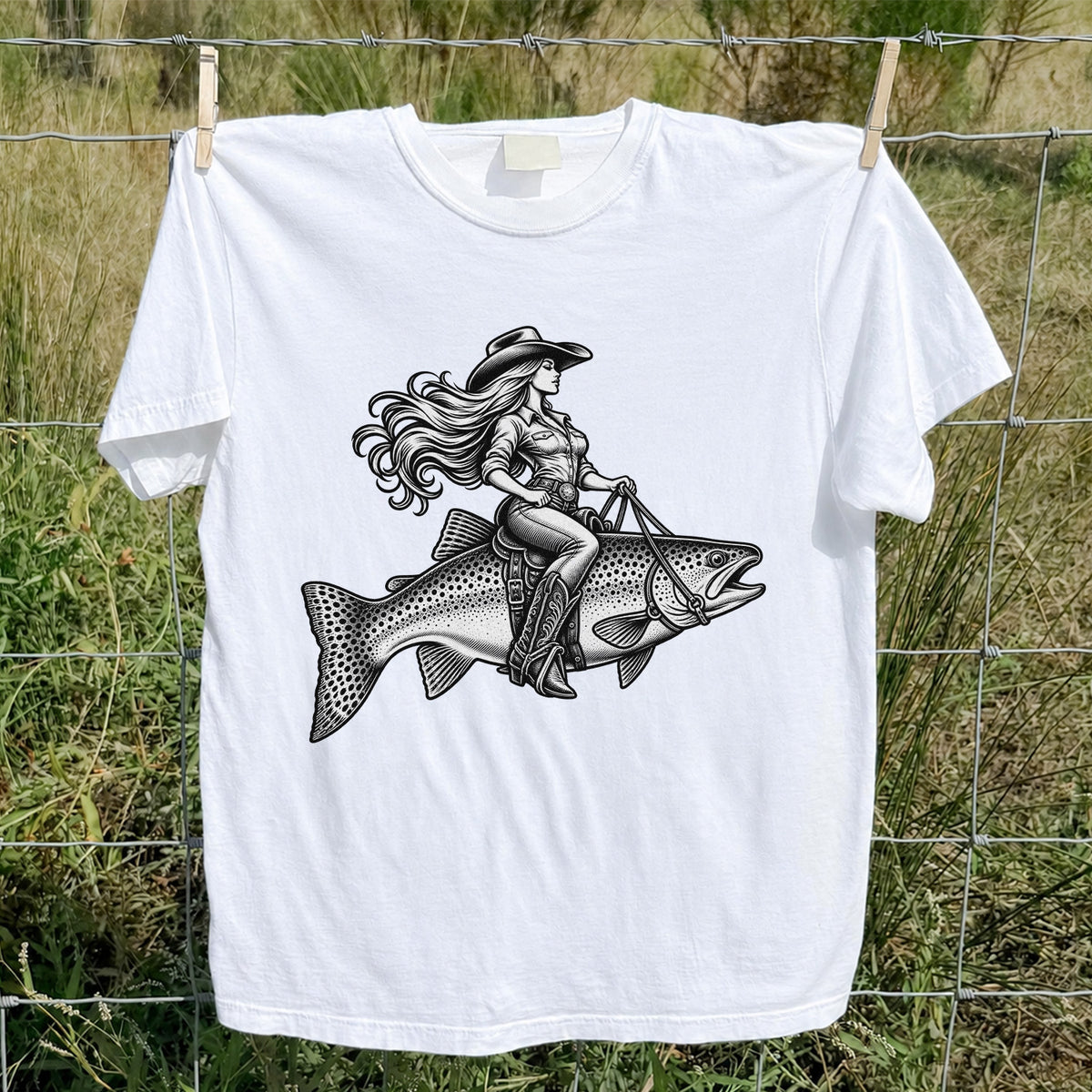 Cowgirl Riding a Trout Western Fishing Graphic T-Shirt