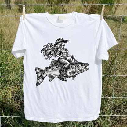 Cowgirl Riding a Trout Western Fishing Graphic T-Shirt
