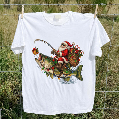 Santa Riding a Largemouth Bass Christmas Fishing Graphic T-Shirt