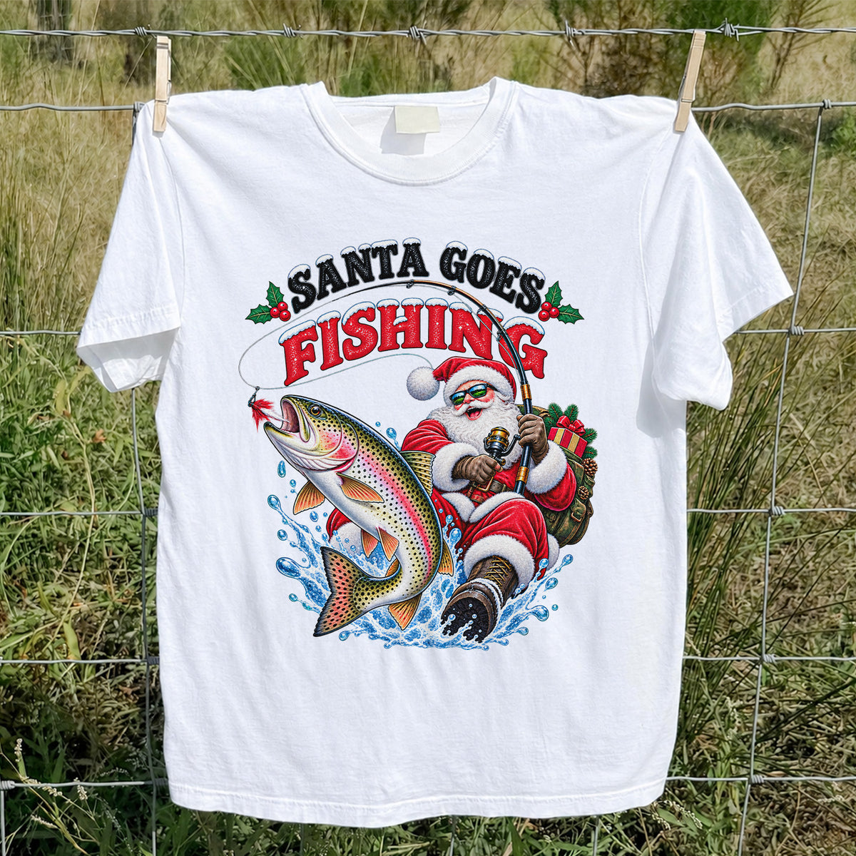 Santa Goes Fishing Rainbow Trout Christmas Graphic T-Shirt