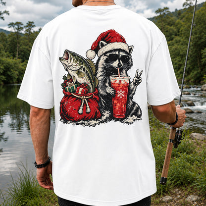 Santa Raccoon Sharing a Bass Christmas Fishing Graphic T-Shirt | Back Print