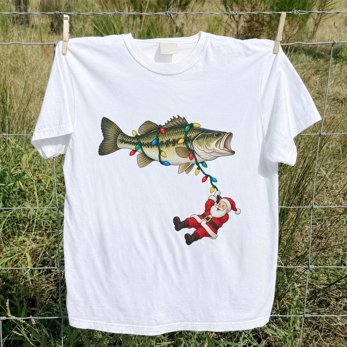Santa Hanging from Christmas Lights on Bass Fishing Graphic T-Shirt