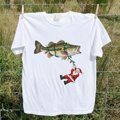 Santa Hanging from Christmas Lights on Bass Fishing Graphic T-Shirt