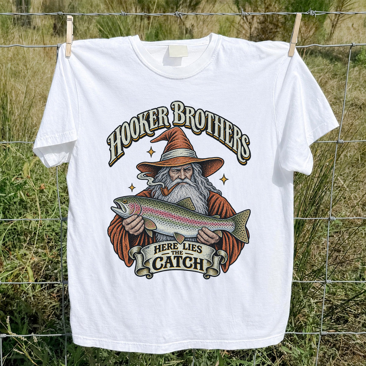 Hooker Brothers Here Lies the Catch Wizard Trout Fishing T-Shirt
