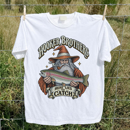 Hooker Brothers Here Lies the Catch Wizard Trout Fishing T-Shirt