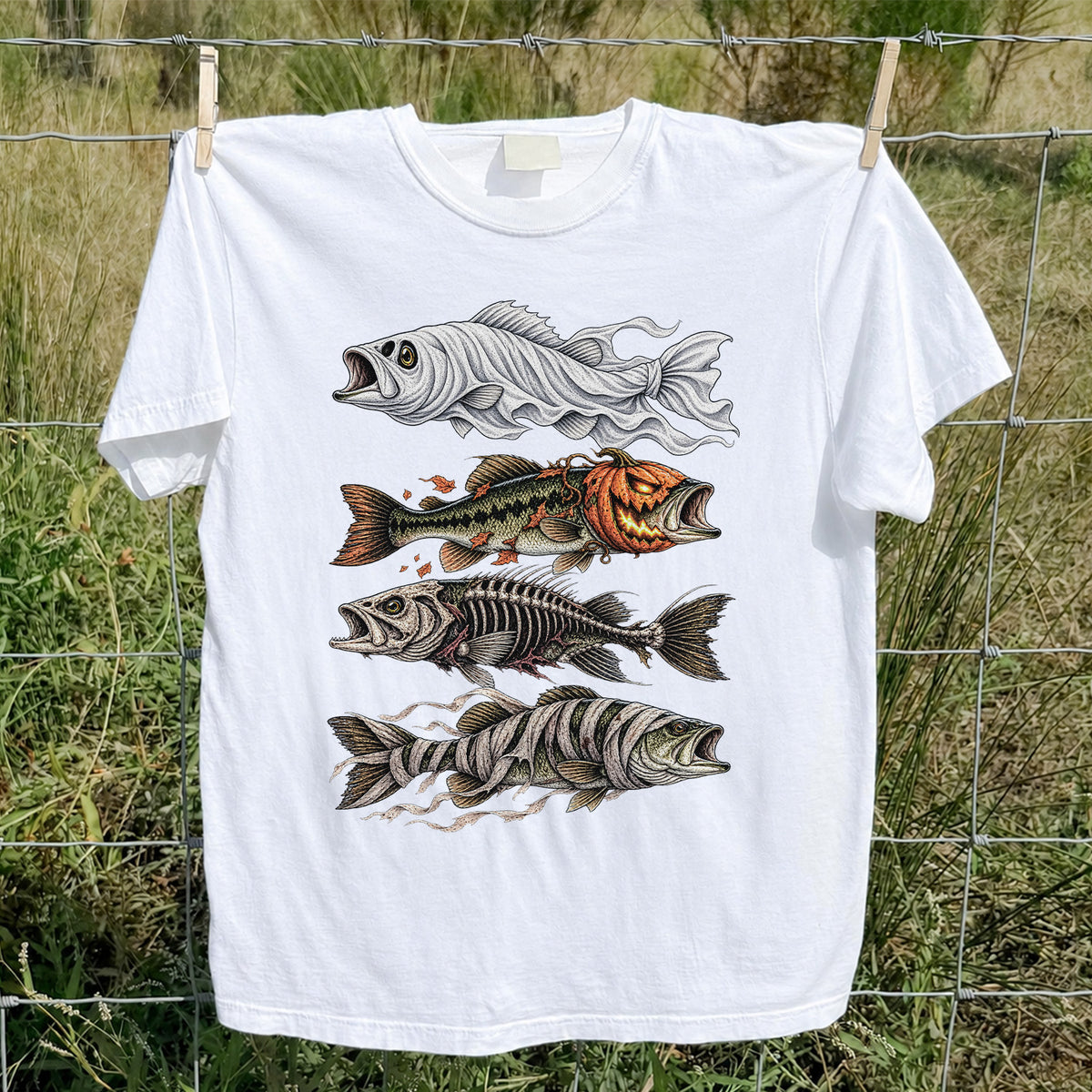 Halloween Bass Ghost Pumpkin Skeleton and Mummy Fish Graphic T-Shirt