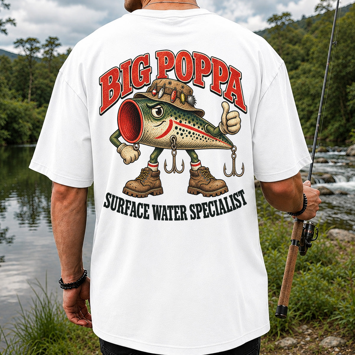 Big Poppa Surface Water Specialist Fishing Lure Graphic T-Shirt | Back Print