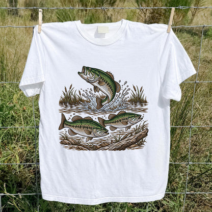 Largemouth Bass Jumping River Fishing Graphic T-Shirt