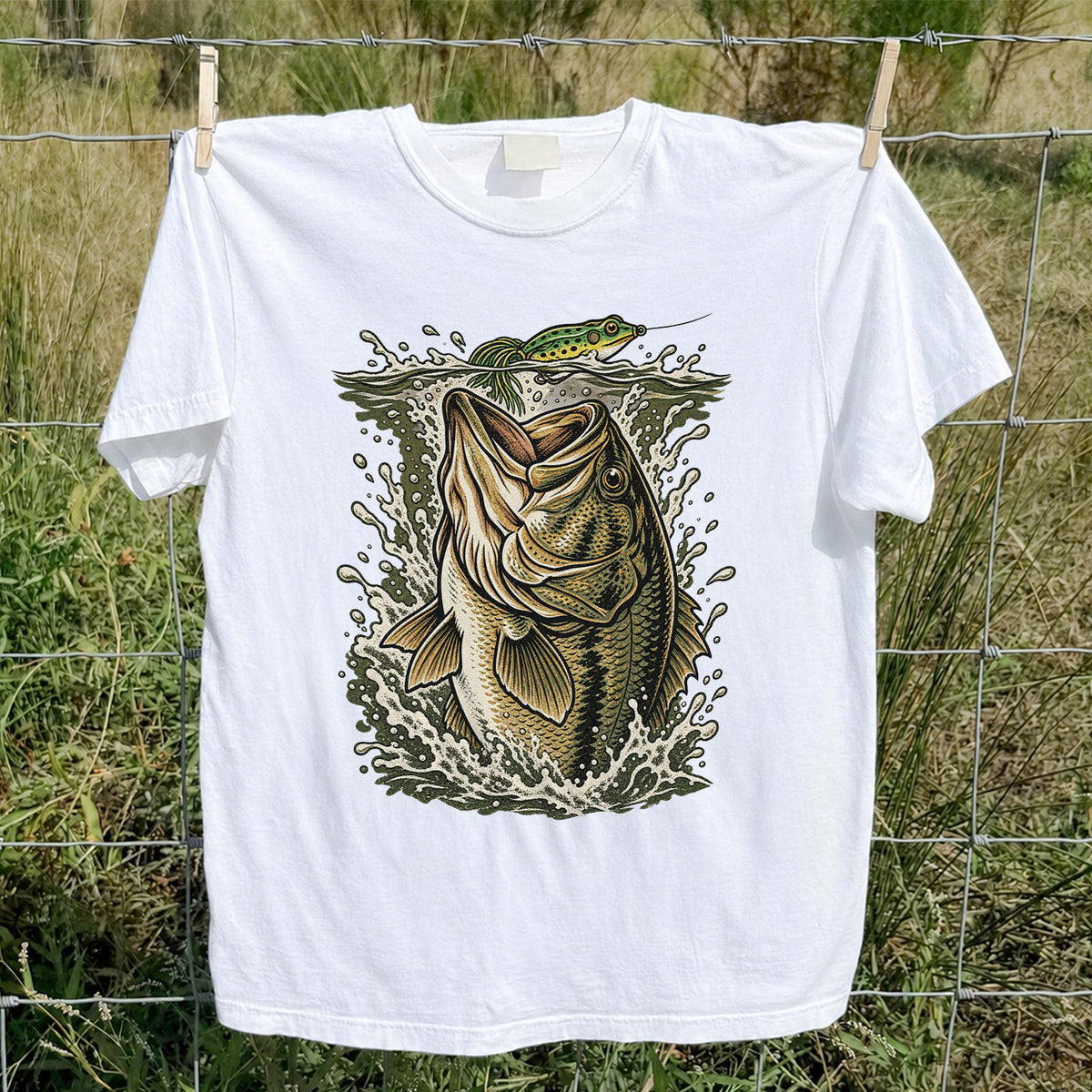 Largemouth Bass Striking a Frog Lure Fishing Graphic T-Shirt